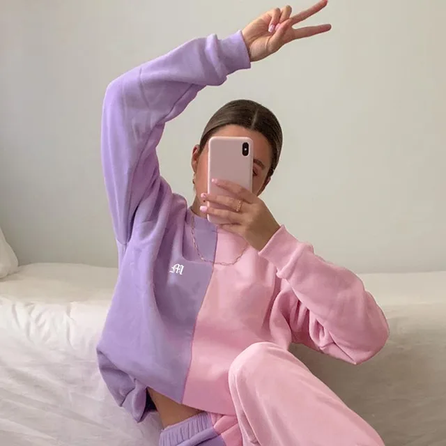 Everyday Casual Letters Embroidery Contrast Stitching Sweater And Trousers Pink Purple - Shop at LoveMi