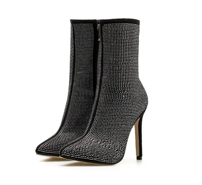 Women's boots pointed rhinestone high heel boots autumn and winter women's shoes Black - Shop at LoveMi