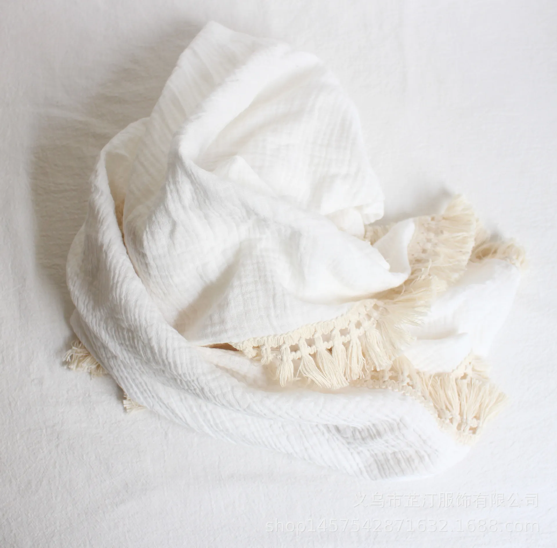 Baby Cotton Double Yarn Tassel Bath Towel - White