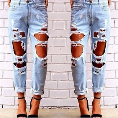 explosion Europe Code loose wild sexy big hole beggar exaggerated boyfriend jeans Light Blue - Shop at LoveMi