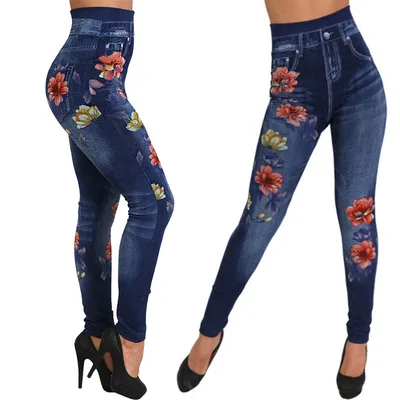 Seamless Cotton Faux Denim Cutout Leggings 44Blue - Shop at LoveMi
