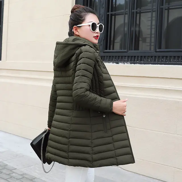 Women's cotton padded jacket mid length light and large size Armygreen - Shop at LoveMi