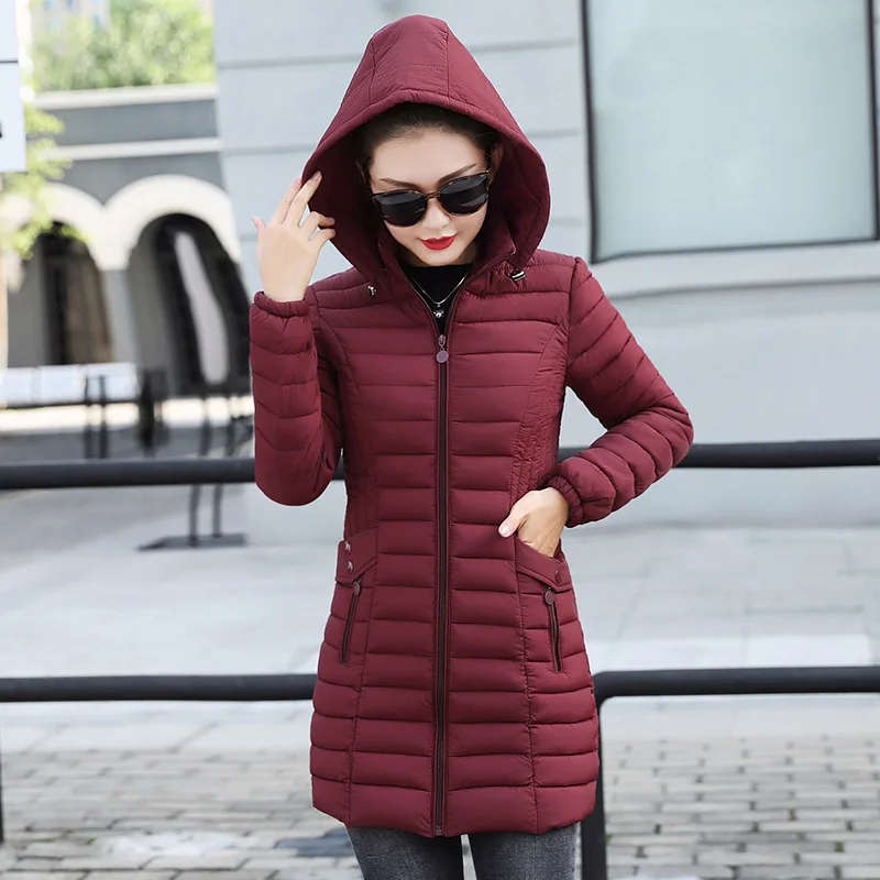 Women's cotton-padded jacket mid-length light and large size - Red Wine