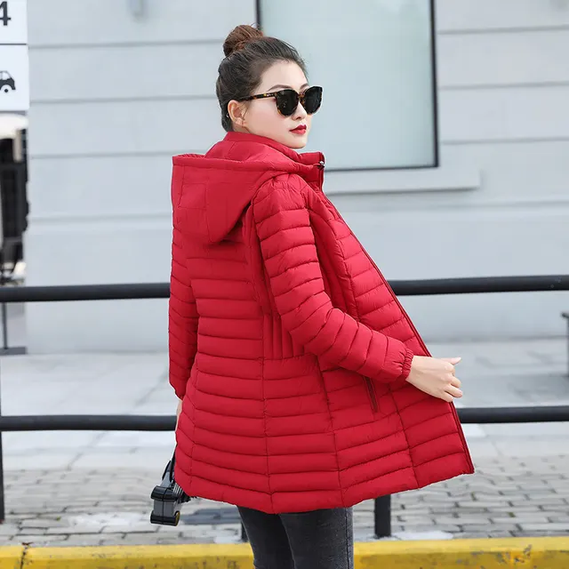 Women's cotton padded jacket mid length light and large size Red - Shop at LoveMi