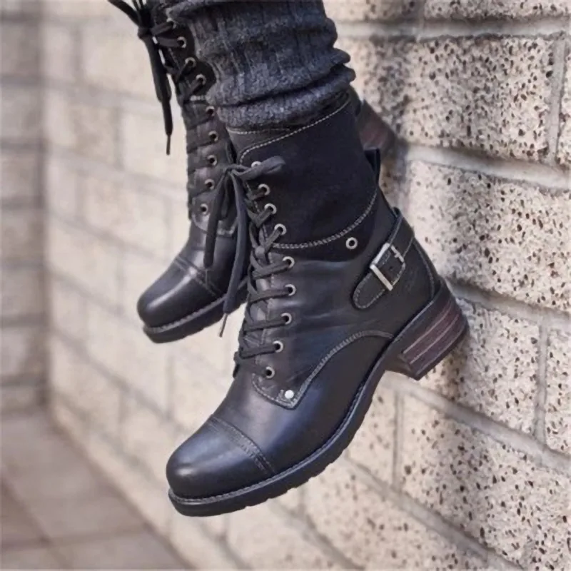 Casual Low Heeled Round Toe Cross Lace Up Ankle Boots Black - Shop at LoveMi