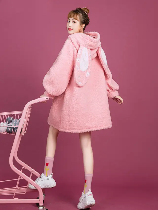 Embroidered rabbit ears hooded lamb fur coat Pink - Shop at LoveMi