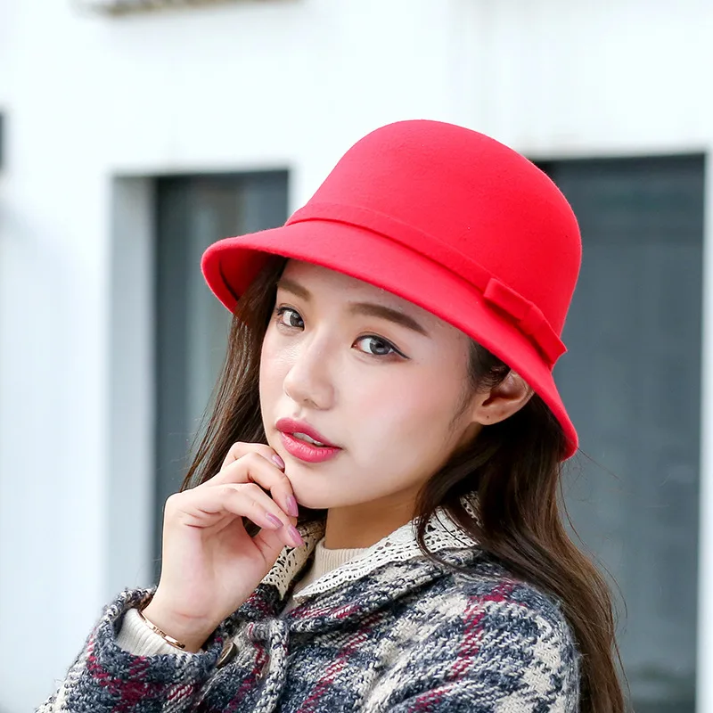 Ladies Autumn Winter Bowknot Woolen Topper - Red