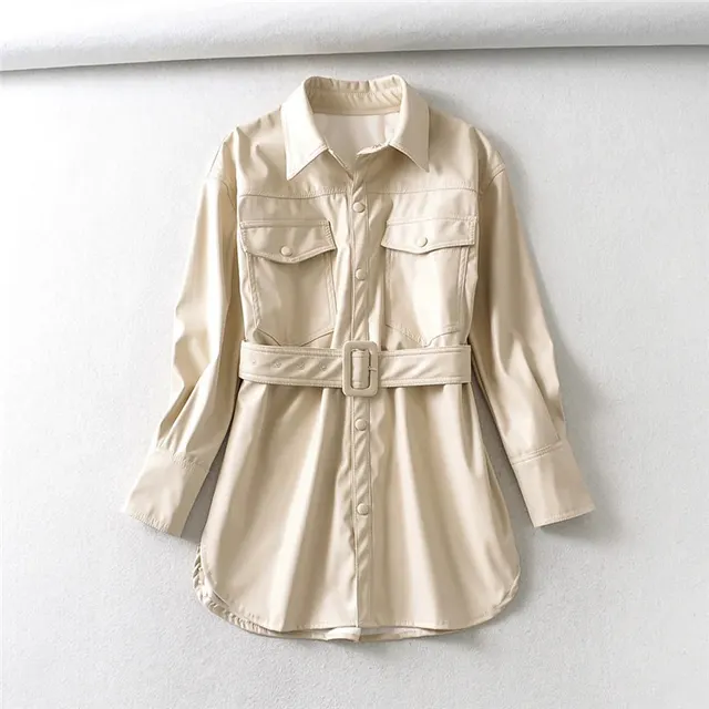 Women's high waist lace up PU coat Cream Color - Shop at LoveMi