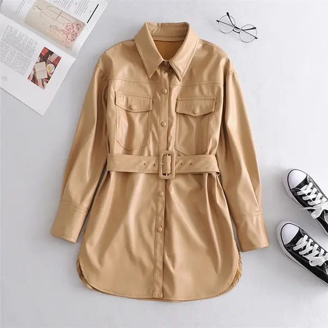 Women's high waist lace up PU coat Khaki - Shop at LoveMi