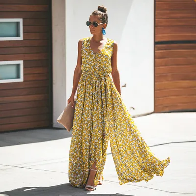 V neck digital print lace beach dress Yellow - Shop at LoveMi