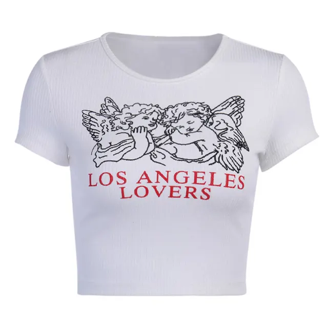 Fashion Navel Angel Print Slim T shirt Women White - Shop at LoveMi