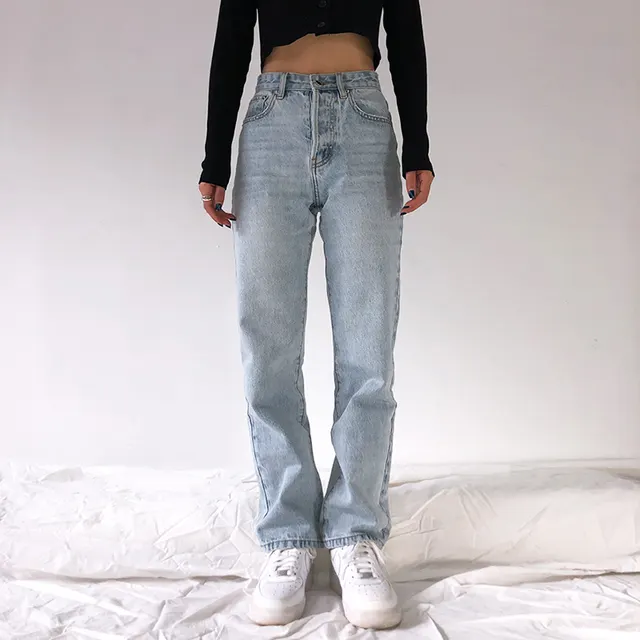 Retro high rise straight leg denim trousers Light Blue - Shop at LoveMi