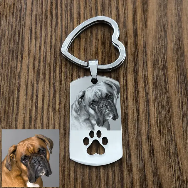 Custom DIY Dog Tag Photo Keychain Stainless Steel Engraved photograph Keychain For Love Dog People Dog Keepsake - One Side