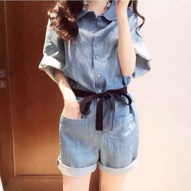 Denim Short Sleeve Jumpsuit Default - Shop at LoveMi