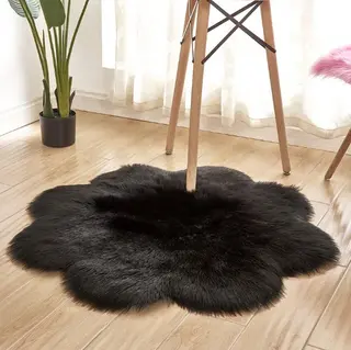 Artificial Woolen Carpet Rug Floral Shape Sheepskin Hairy Carpet Faux Mat Seat Pad Fur Warm Tapetes Floor Mat Soft Area Rug - Black