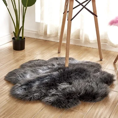Artificial Woolen Carpet Rug Floral Shape Sheepskin Hairy Carpet Faux Mat Seat Pad Fur Warm Tapetes Floor Mat Soft Area Rug Dark Grey - Shop at LoveMi