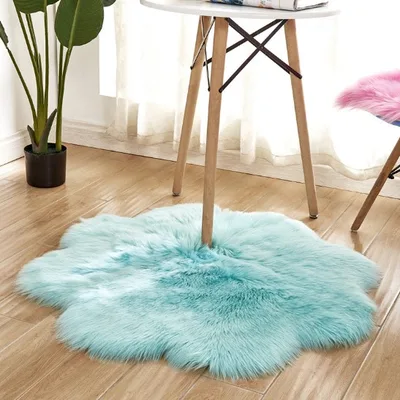 Artificial Woolen Carpet Rug Floral Shape Sheepskin Hairy Carpet Faux Mat Seat Pad Fur Warm Tapetes Floor Mat Soft Area Rug Wathet - Shop at LoveMi