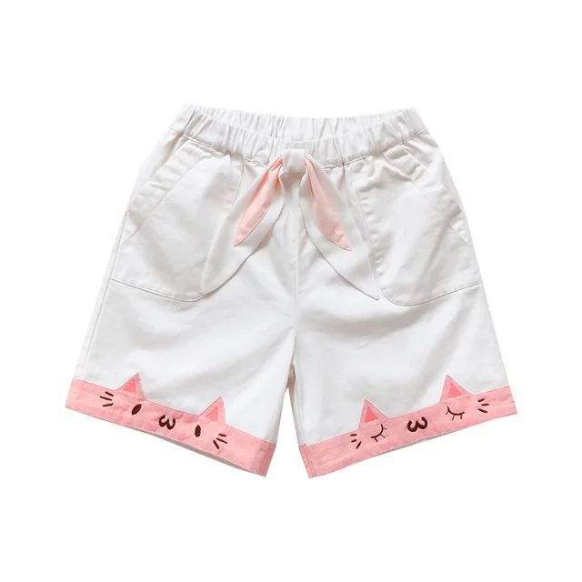 Embroidered bow tie elastic waist casual shorts Milky - Shop at LoveMi