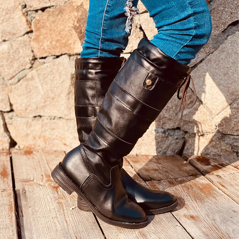 Women's round toe thick heel boots Coffee - Shop at LoveMi