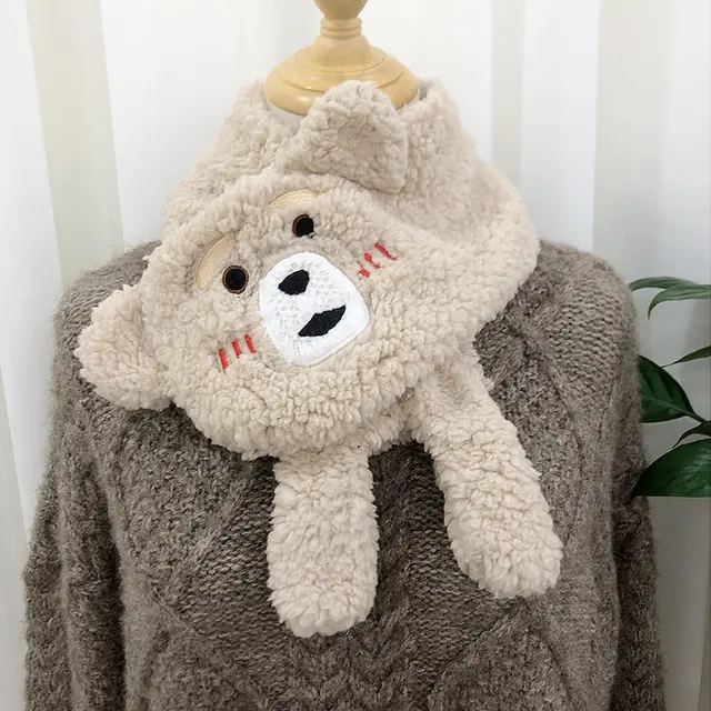 Winter Women Novelty Warm Cute Bear Plush Scarf Lamb Wool - Beige