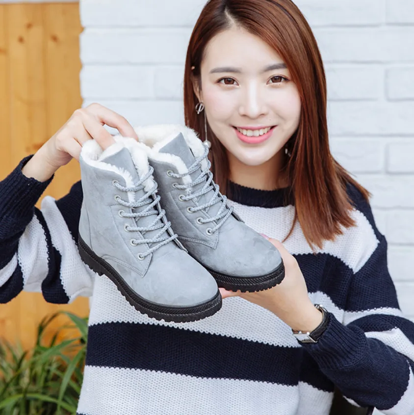 Winter New Women Snow Boots Flat With Large Size Casual Cotton Shoes Trend Women Vulcanized Shoes Artificial Plush Gray - Shop at LoveMi
