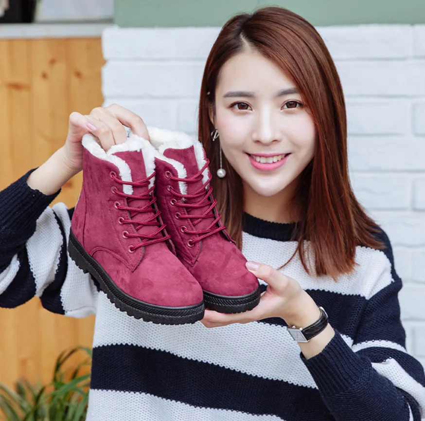 Winter New Women Snow Boots Flat With Large Size Casual Cotton Shoes Trend Women Vulcanized Shoes Artificial Plush Red - Shop at LoveMi