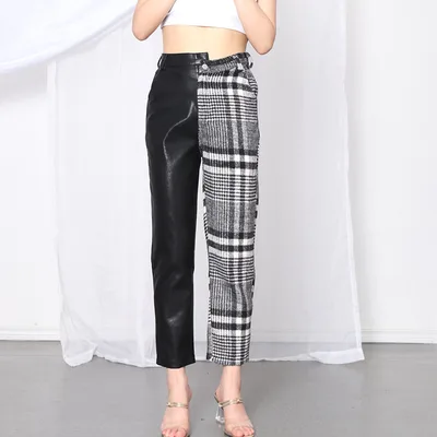 Contrast color stitching pu leather cropped pants Black - Shop at LoveMi