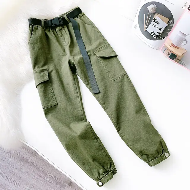 Multi pocket pants high waist straight leg pants Green - Shop at LoveMi