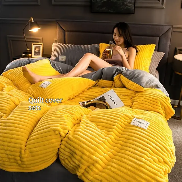 Single Double Quilt Cover Three piece Set Winter Body Keep Warm Yellow Sheet Quilt Cover Set - Shop at LoveMi