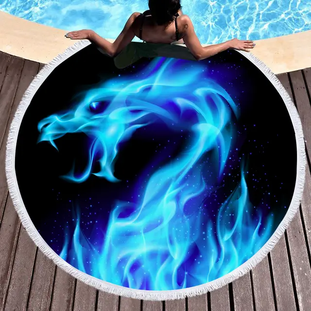 Novelty gift cool blue fire dragon swimming beach towel tapestry round floor mat tassels Photography props, 150cm - Shop at LoveMi