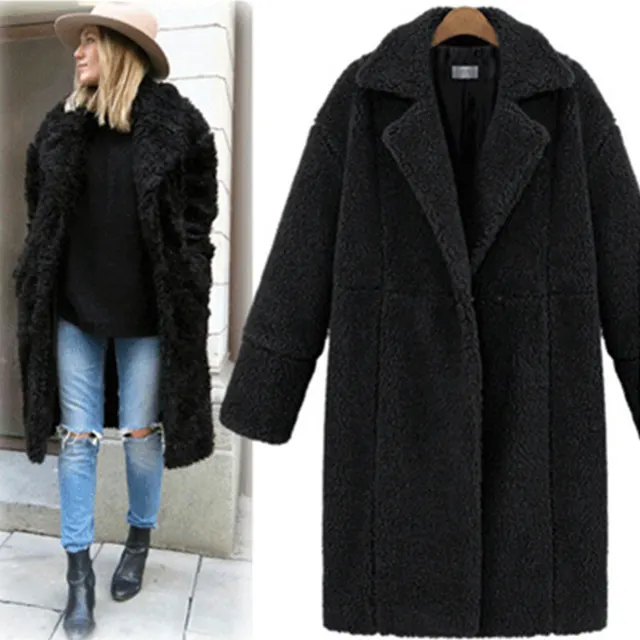 New Women's Cashmere Long sleeved Solid Color Long Coat Woolen Coat Black - Shop at LoveMi