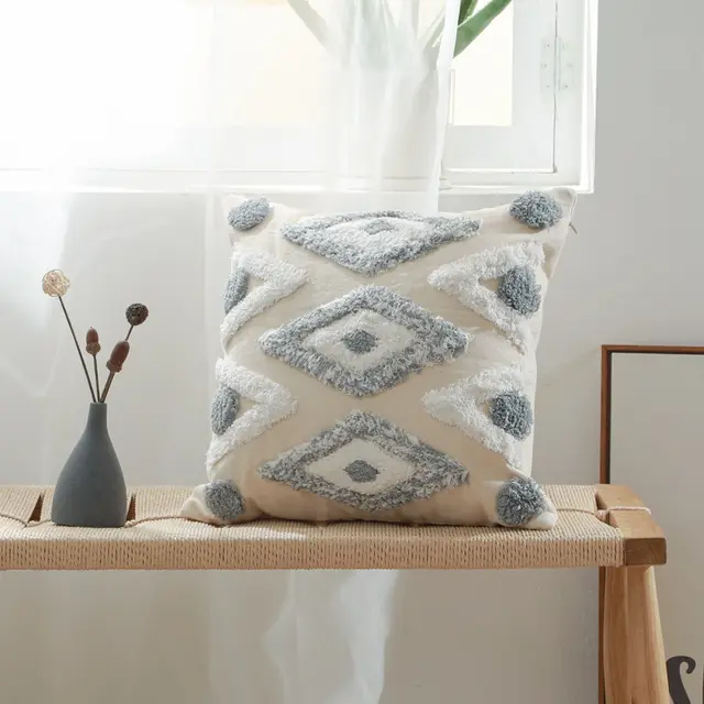 Cotton canvas tufted embroidered pillowcase Grace Grey - Shop at LoveMi