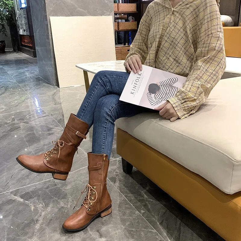 Show thin thick heel British style short boots Brown - Shop at LoveMi