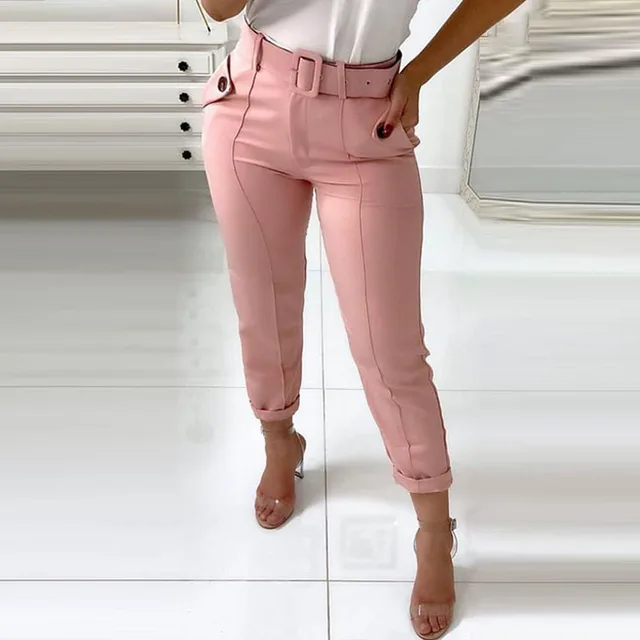 Temperament commuter trousers high waist all match belt Pink - Shop at LoveMi