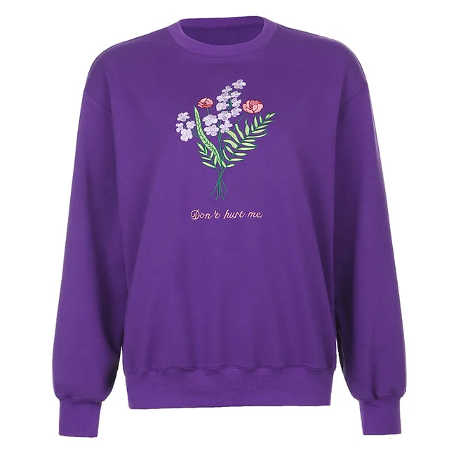 Embroidered Casual Loose Sweatshirt Purple - Shop at LoveMi