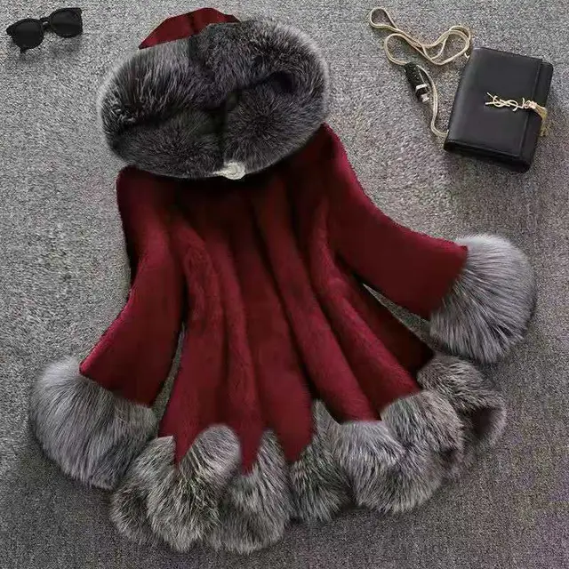 Hooded faux mink coat - Red