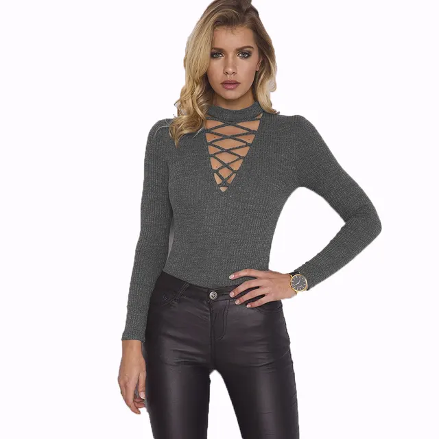 Long sleeved sexy halter neckline chest strappy jumpsuit Grey - Shop at LoveMi