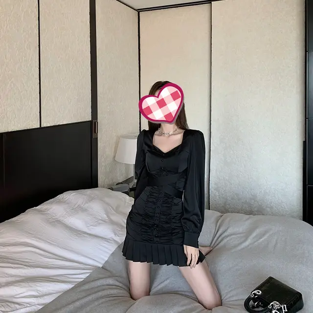 Puff Sleeve Dress Women Autumn And Winter Slimming Temperament Pleated Skirts Black - Shop at LoveMi