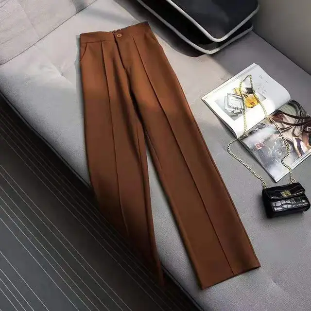 High waist straight leg woolen pants Caramel Colour - Shop at LoveMi