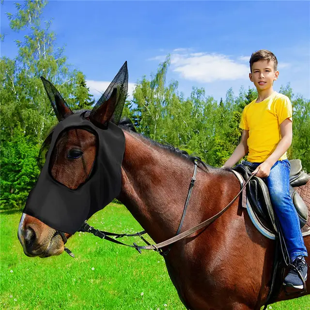 Lycra Horse Fly Mask With Ears Comfort Fit Mesh Trail Pasture Sun UV Protection Black - Shop at LoveMi