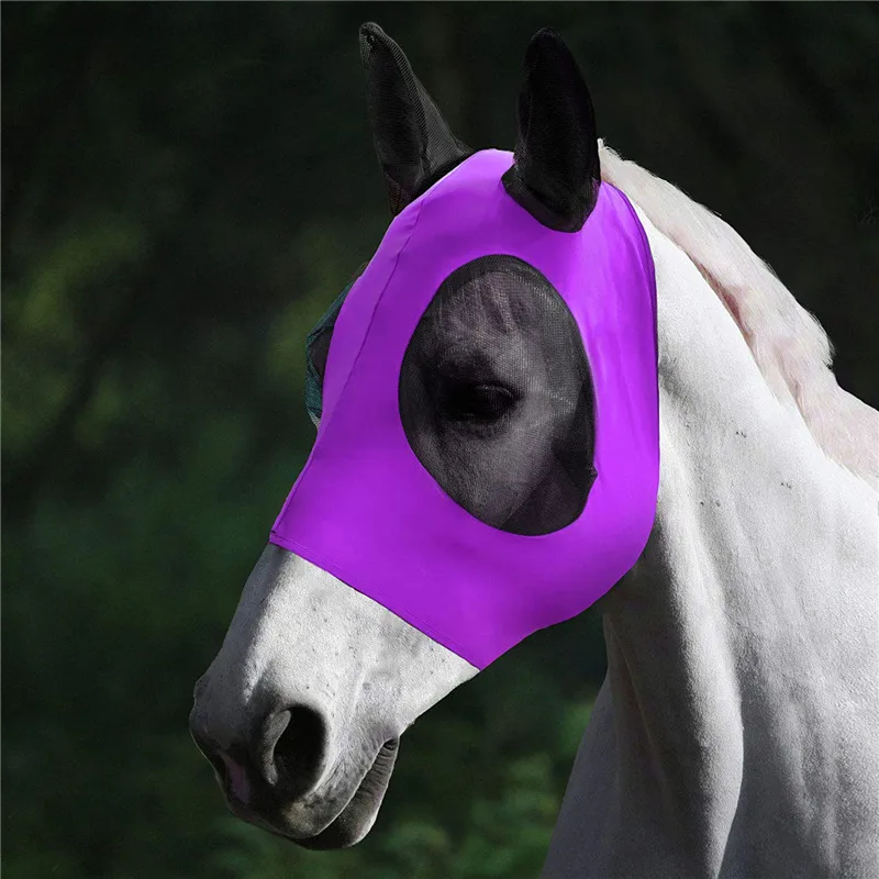 Lycra Horse Fly Mask With Ears Comfort Fit Mesh Trail Pasture Sun UV Protection - Purple