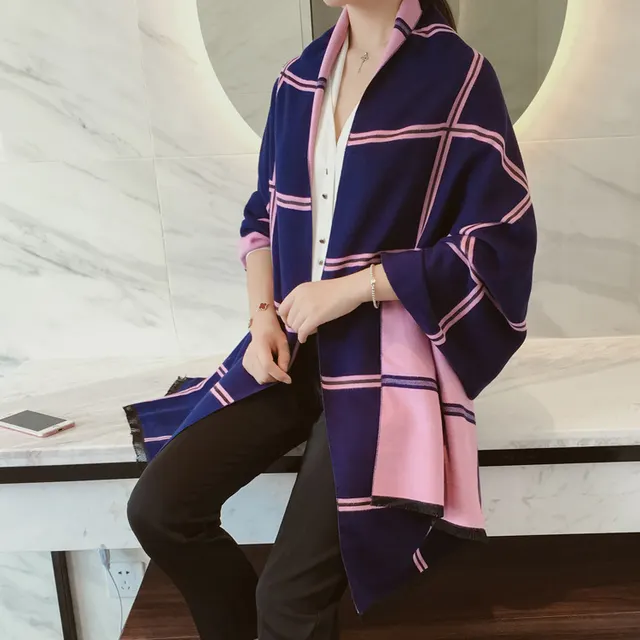 Autumn and winter double sided plaid cashmere scarf for ladies Green Pink - Shop at LoveMi