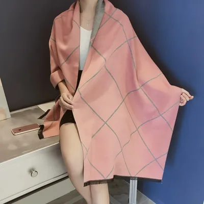 Autumn and winter double sided plaid cashmere scarf for ladies Grey Pink - Shop at LoveMi