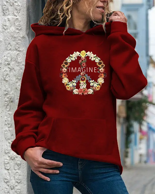 Women's Drawstring Long Sleeved Hooded Sweater Wine Red - Shop at LoveMi