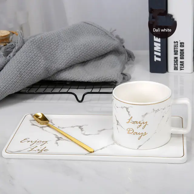 Marble Grain Ceramic Coffee Mug Set Outline In Gold Business Office Milk Tea Cup Tumbler Creative European Mugs for Gift White - Shop at LoveMi