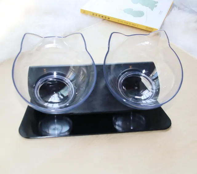 Cat Double Bowl Cat Food Bowl Protects Cervical Vertebra Double Transparent Black Base - Shop at LoveMi