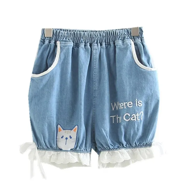 Embroidered jean shorts with cat head Blue - Shop at LoveMi