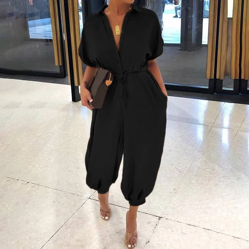 Retro jumpsuit button jumpsuit - Black