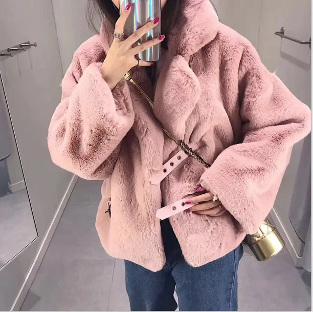 Winter Korean Female Fur Coat Short Soft Rabbit Fur Jacket Long Sleeved Shaggy Thicken Warm Women Fashion Outwear Lotus Root Starch - Shop at LoveMi