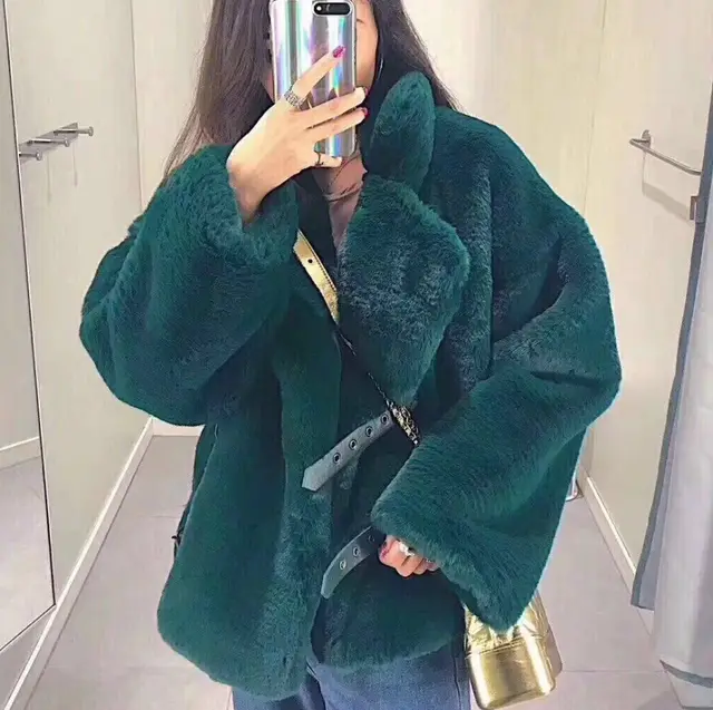 Winter Korean Female Fur Coat Short Soft Rabbit Fur Jacket Long Sleeved Shaggy Thicken Warm Women Fashion Outwear Malachite Green - Shop at LoveMi